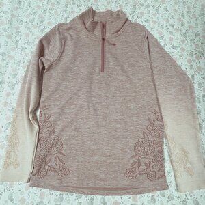 CALIA Women's Large Fitness Pullover Qtr Zip Front, Light Pink w Flowers